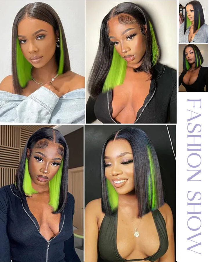 eullair Peakaboo Highlights Colored Short BOB Wig Innenr Red/Pink/Blue/Green/Blonde Straight Human Hair Lace Frontal Wig
