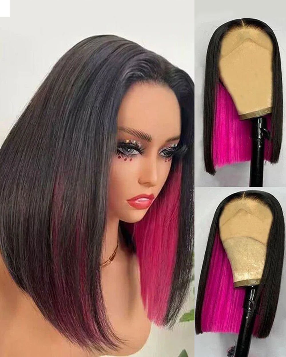 eullair Peakaboo Highlights Colored Short BOB Wig Innenr Red/Pink/Blue/Green/Blonde Straight Human Hair Lace Frontal Wig