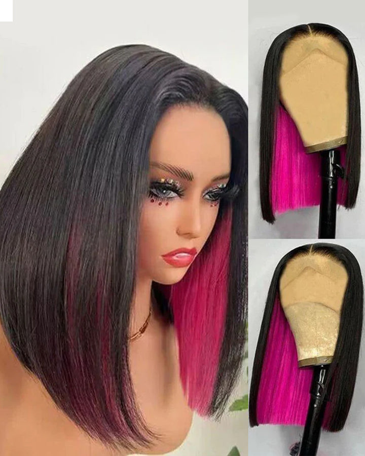 eullair Peakaboo Highlights Colored Short BOB Wig Innenr Red/Pink/Blue/Green/Blonde Straight Human Hair Lace Frontal Wig