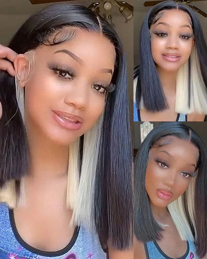 eullair Peakaboo Highlights Colored Short BOB Wig Innenr Red/Pink/Blue/Green/Blonde Straight Human Hair Lace Frontal Wig