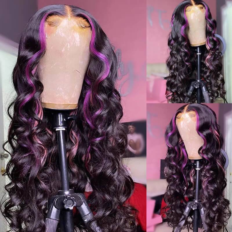 eullair Pink Purple Balayage Highlights Body Wave Piano Color Human Hair Lace Frontal Wig Flat Iron