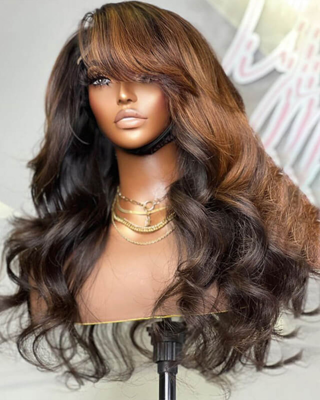 eullair Pre Styled Brown Highlights Wavy Layered Cut Pre Cut Side Part Human Hair Lace Frontal Wig Easy Install