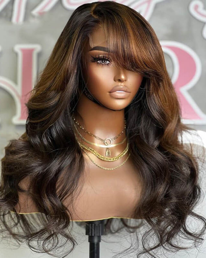 eullair Pre Styled Brown Highlights Wavy Layered Cut Pre Cut Side Part Human Hair Lace Frontal Wig Easy Install