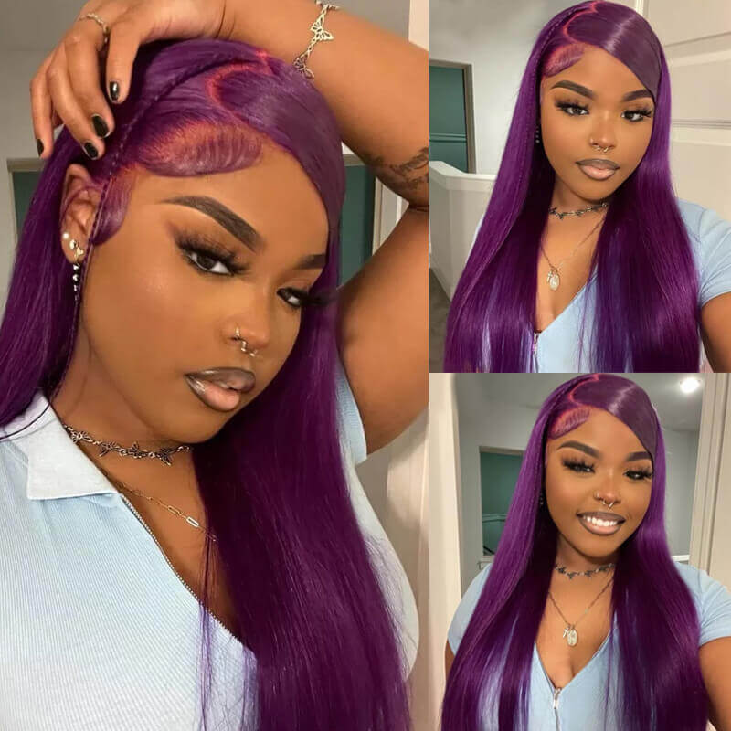 New! eullair Affordable Dark Purple Glueless Body Wave Lace Frontal Wig for Brown Skin Women