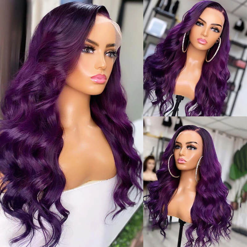 New! eullair Affordable Dark Purple Glueless Body Wave Lace Frontal Wig for Brown Skin Women