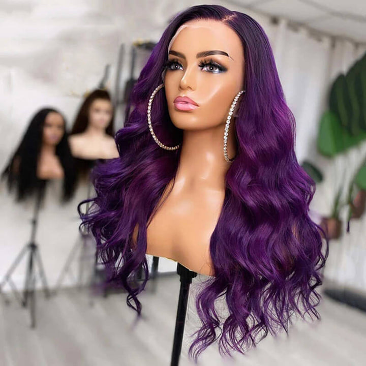 New! eullair Affordable Dark Purple Glueless Body Wave Lace Frontal Wig for Brown Skin Women