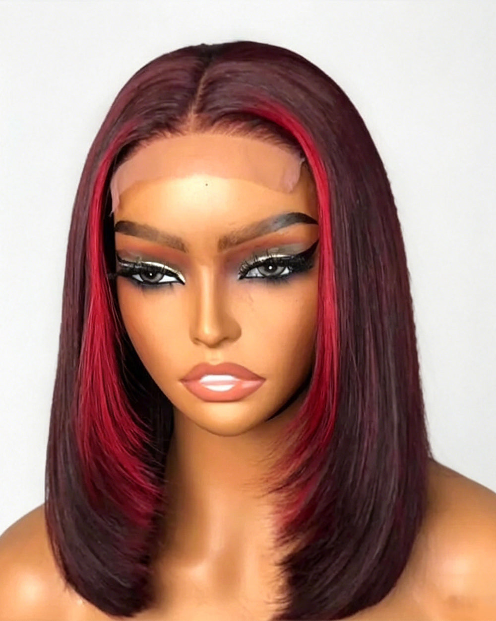 eullair Short Layered Cut Pre Plucked Glueless Wine Red Highlight Straight Skunk Stripe Human Hair BOB wig