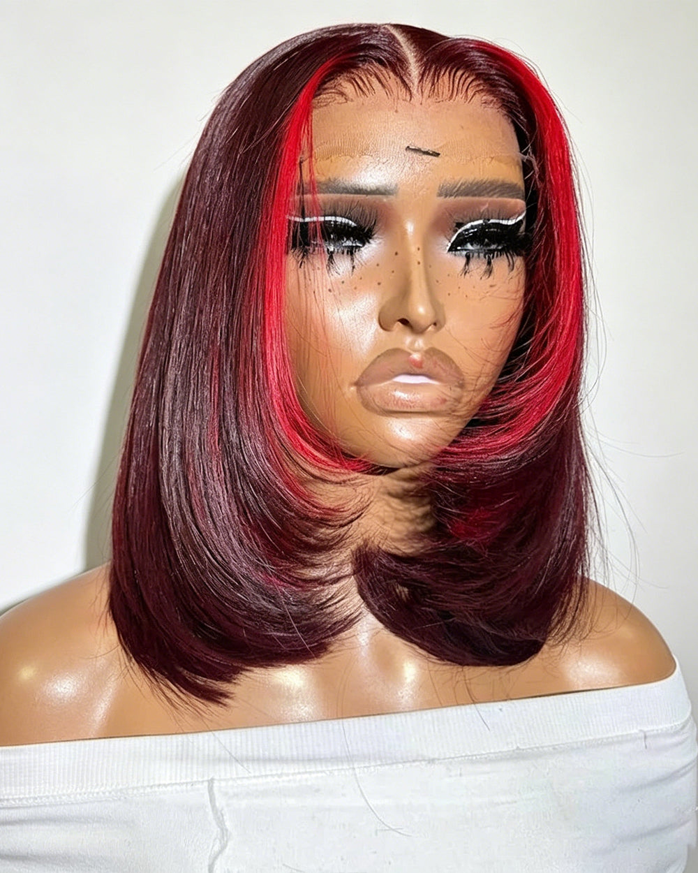 eullair Short Layered Cut Pre Plucked Glueless Wine Red Highlight Straight Skunk Stripe Human Hair BOB wig