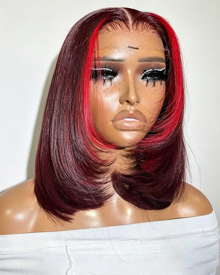eullair Short Layered Cut Pre Plucked Glueless Wine Red Highlight Straight Skunk Stripe Human Hair BOB wig
