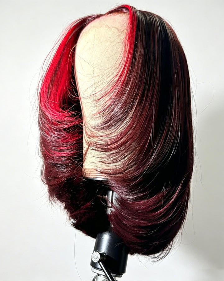 eullair Short Layered Cut Pre Plucked Glueless Wine Red Highlight Straight Skunk Stripe Human Hair BOB wig