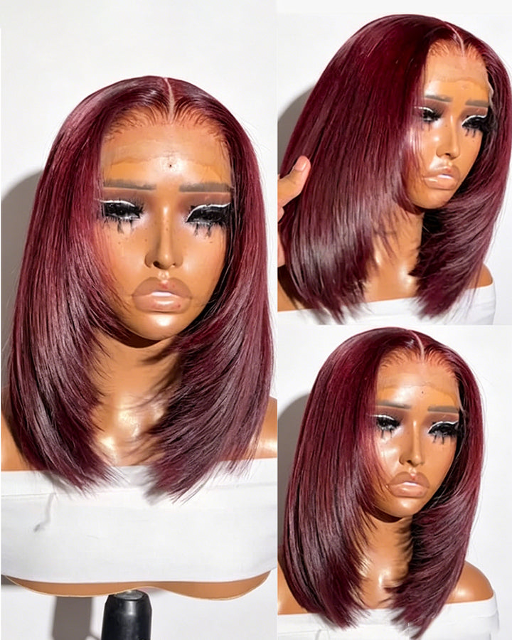eullair Short Layered Cut Pre Plucked Glueless Wine Red Highlight Straight Skunk Stripe Human Hair BOB wig