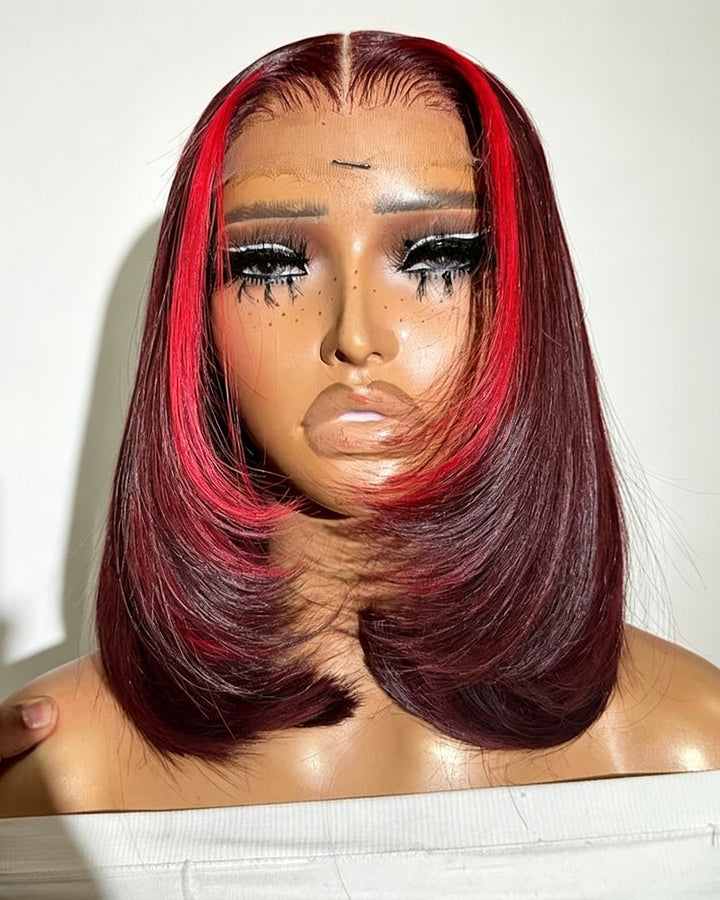 eullair Short Layered Cut Pre Plucked Glueless Wine Red Highlight Straight Skunk Stripe Human Hair BOB wig
