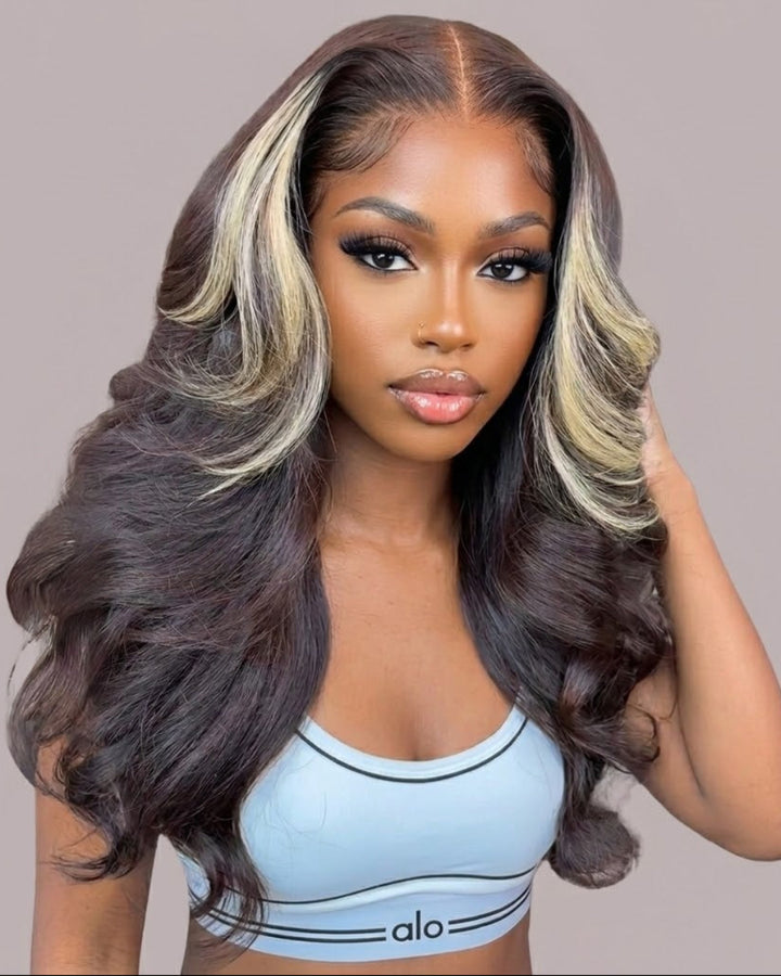 eullair Skunk Stripe Wig with Blonde Highlights Body Wave 13x4 Lace Front Human Hair Wigs
