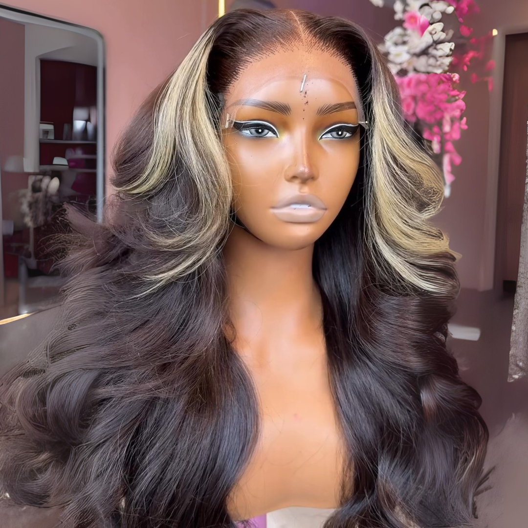 eullair Skunk Stripe Wig with Blonde Highlights Body Wave 13x4 Lace Front Human Hair Wigs