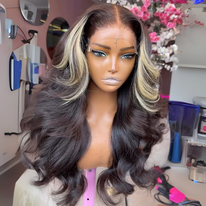 eullair Skunk Stripe Wig with Blonde Highlights Body Wave 13x4 Lace Front Human Hair Wigs