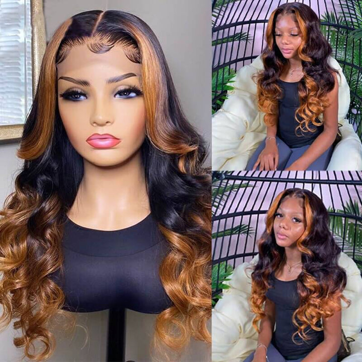 eullair Colored Skunk Stripe Ombre Highlight Body Wave 13x4 Lace Frontal Human Hair Wigs
