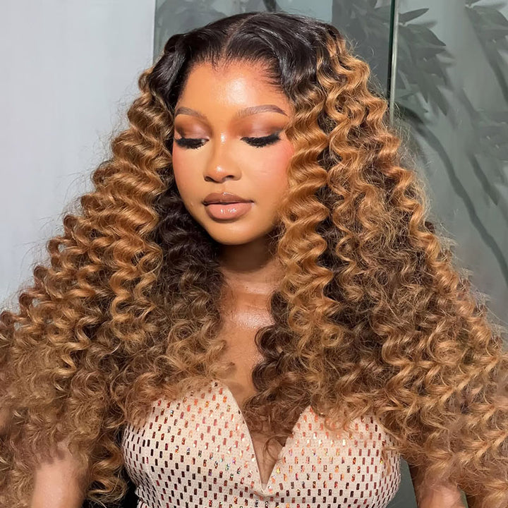 eullair T1B/Honey Brown Deep Curly Human Hair Lace Frontal Wig Pre Colored Glueless Lace Wig For Women ( EW012 )