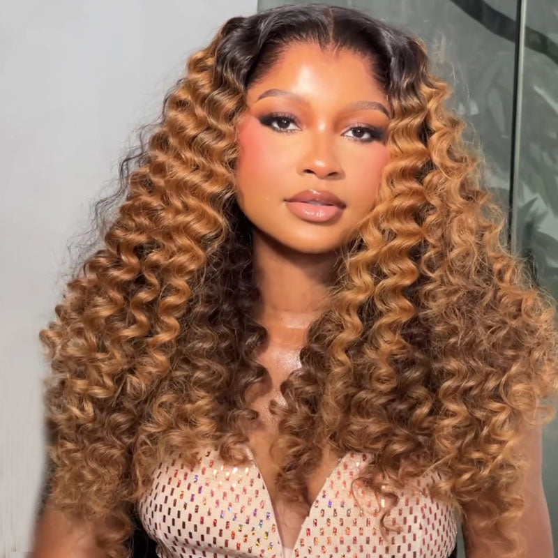 eullair T1B/Honey Brown Deep Curly Human Hair Lace Frontal Wig Pre Colored Glueless Lace Wig For Women ( EW012 )