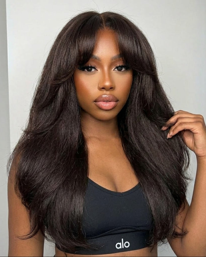 eullair Two Tone Chocolate Custom Color Yaki Straight Wig 13x4 Layer Cut Curtain Bangs Lace Frontal Human Hair Wigs