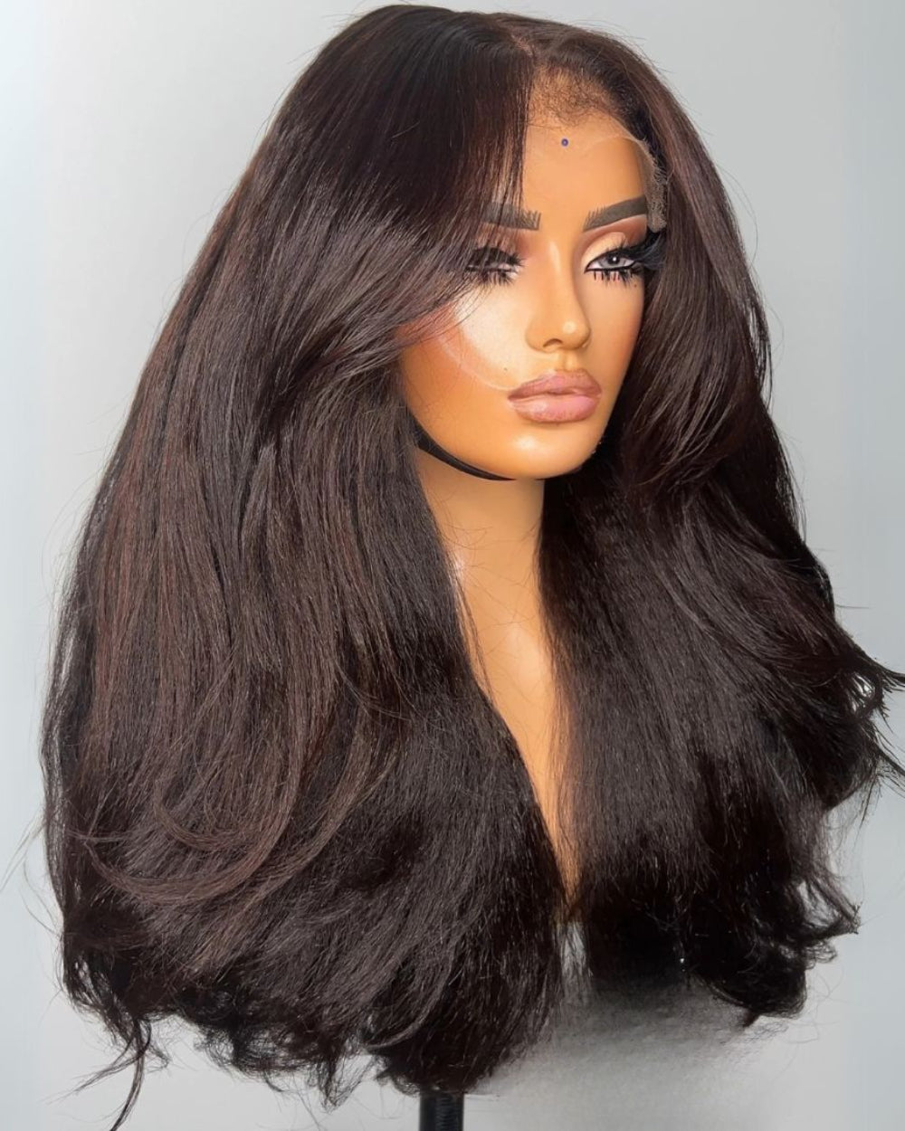 eullair Two Tone Chocolate Custom Color Yaki Straight Wig 13x4 Layer Cut Curtain Bangs Lace Frontal Human Hair Wigs