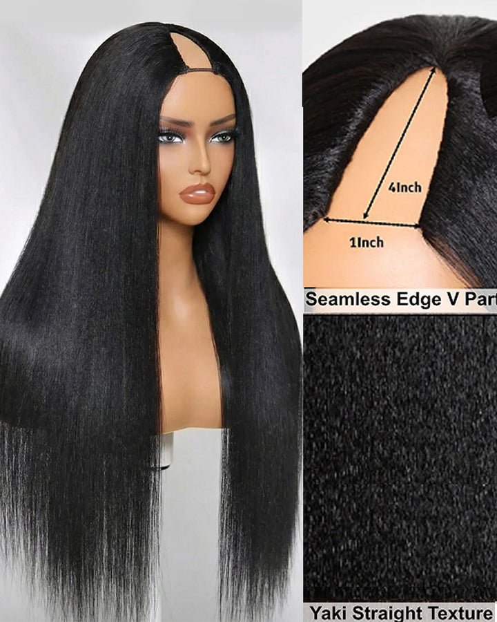 eullair V Part Yaki Straight Wig 100% Human Hair | Beginner Friendly No Leave Out Wig