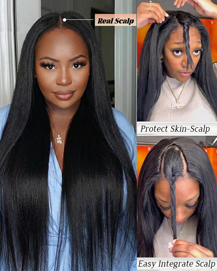 eullair V Part Yaki Straight Wig 100% Human Hair | Beginner Friendly No Leave Out Wig