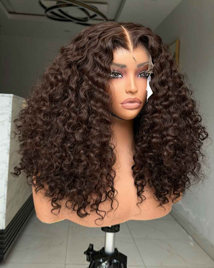eullair Water Curly 4x6 Glueless Wig Custom Colored Brown Human Hair 250% Density