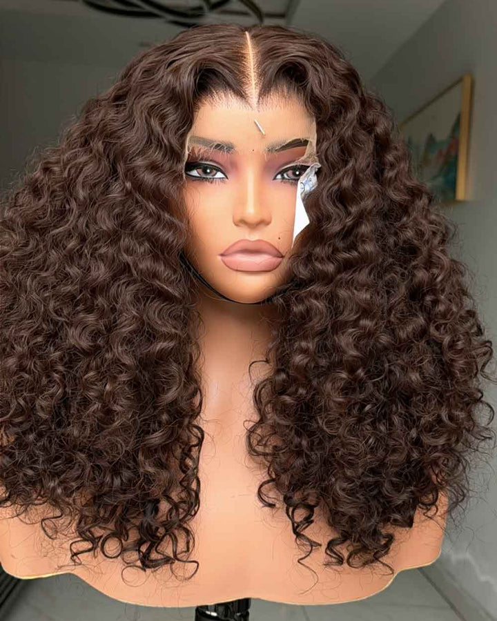 eullair Water Curly 4x6 Glueless Wig Custom Colored Brown Human Hair 250% Density