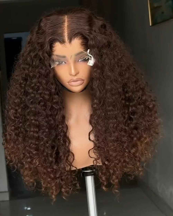 eullair Water Curly 4x6 Glueless Wig Custom Colored Brown Human Hair 250% Density