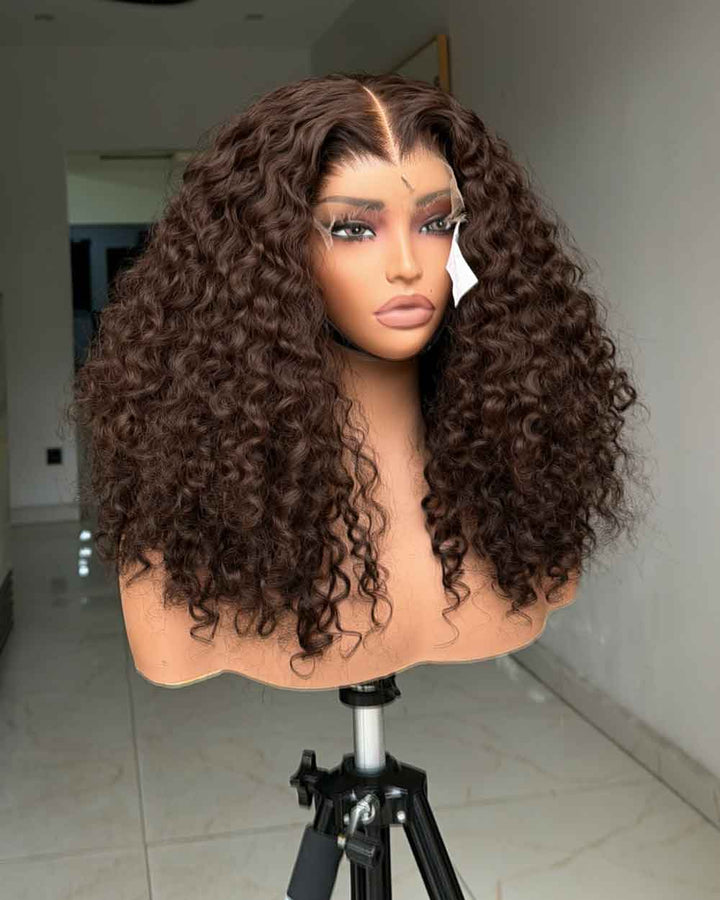 eullair Water Curly 4x6 Glueless Wig Custom Colored Brown Human Hair 250% Density