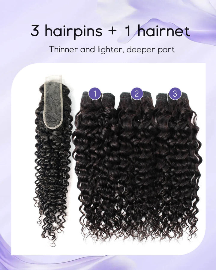 eullair Water Wave Bundles with 2x6 Closure - Pre-plucked Natural Hairline Invisible Swiss Lace Human Hair