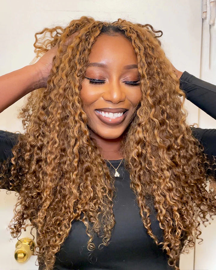 eullair 100% Human Hair Burmese Curly #4/27 Highlight Brown Crochet Hair For for Boho Braids Pre-Separated Time-Saving Design