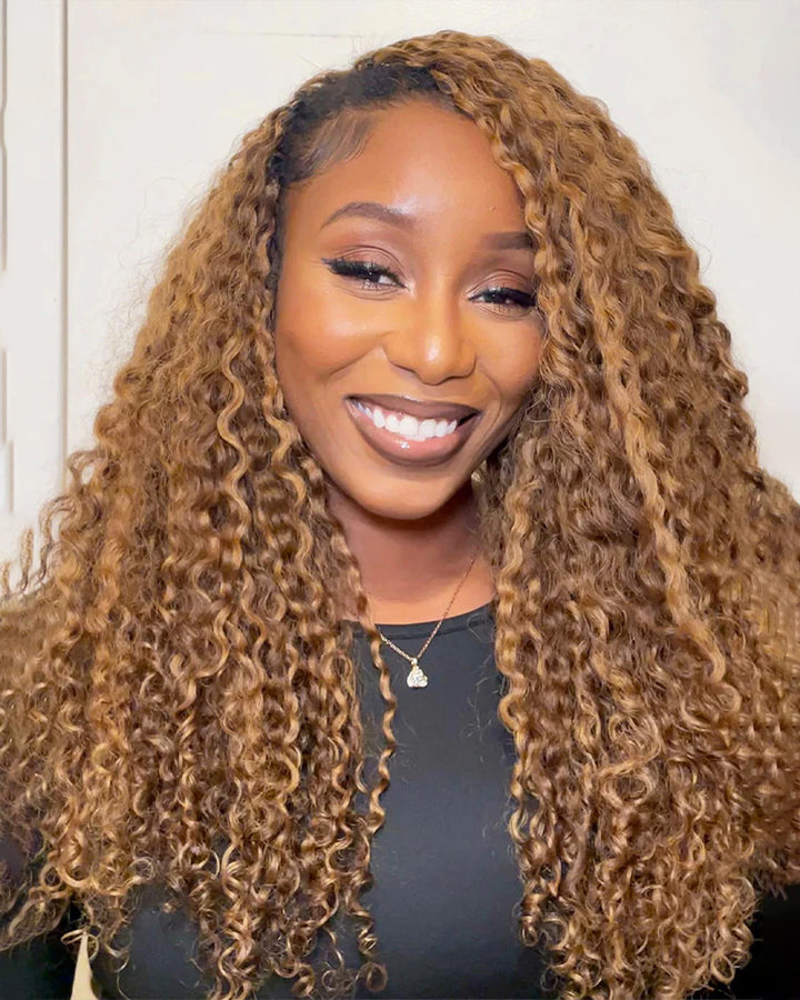 eullair 100% Human Hair Burmese Curly #4/27 Highlight Brown Crochet Hair For for Boho Braids Pre-Separated Time-Saving Design