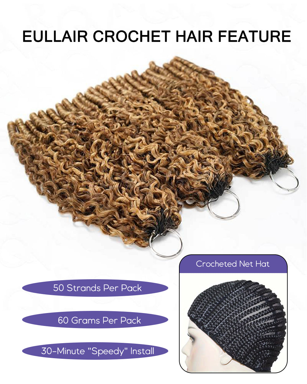 eullair 100% Human Hair Burmese Curly #4/27 Highlight Brown Crochet Hair For for Boho Braids Pre-Separated Time-Saving Design