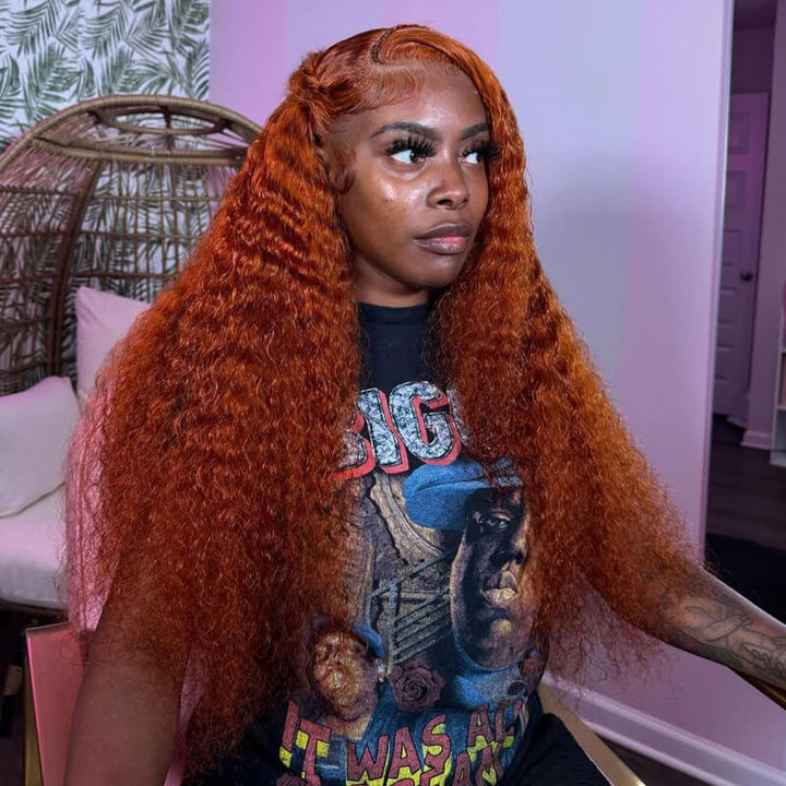 Be Fabulous! eullair Orange Ginger 30HL Curly Human Hair Lace Frontal Wig | Copper Hair Color