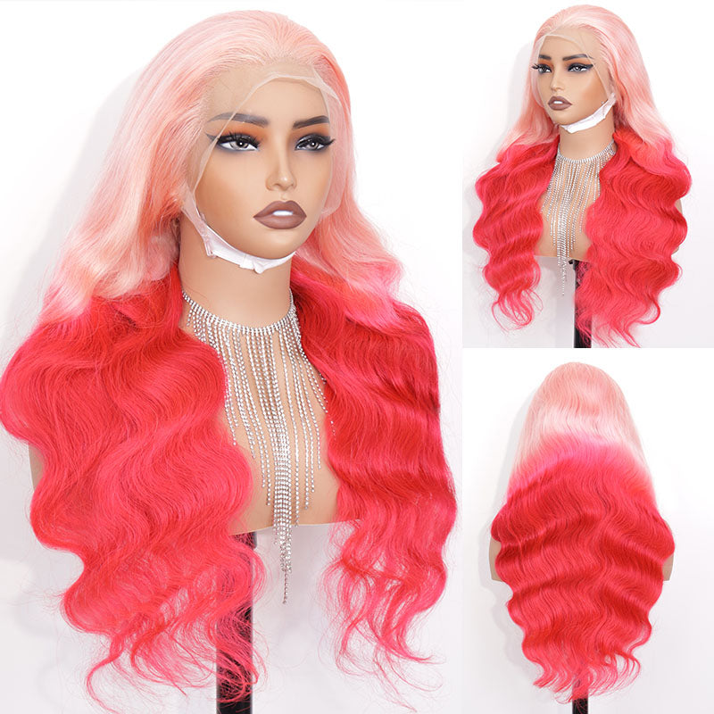 eullair Barbie Style Ombre Pink Red Body Wave Lace Frontal Wig Two Tones Human Hair Lace Wigs For Women