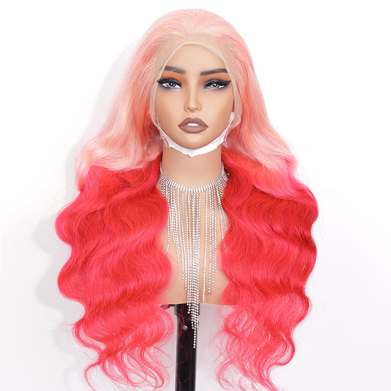 eullair Barbie Style Ombre Pink Red Body Wave Lace Frontal Wig Two Tones Human Hair Lace Wigs For Women