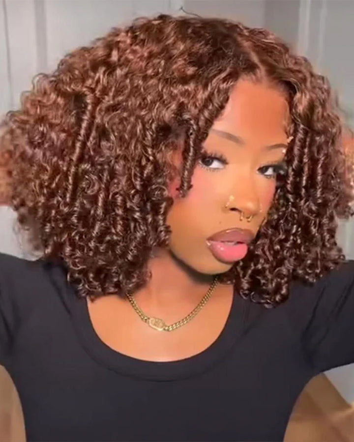 eullair Brown Kinky Curly BOB Wig Short Curly Human Hair Bob Wigs  Lace Frontal Human Hair Wigs For Girls