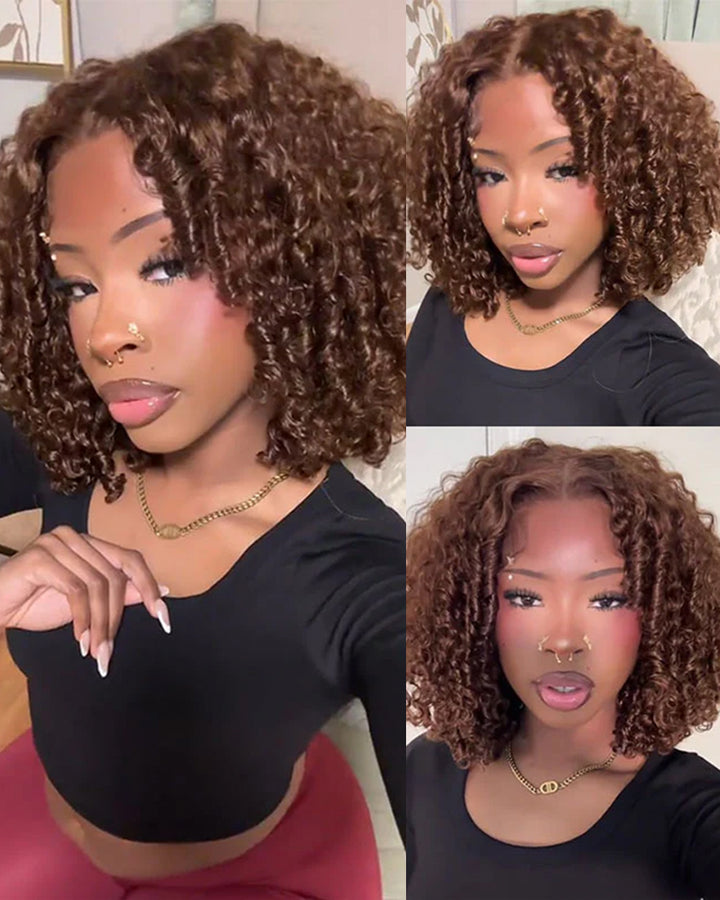 eullair Brown Kinky Curly BOB Wig Short Curly Human Hair Bob Wigs  Lace Frontal Human Hair Wigs For Girls