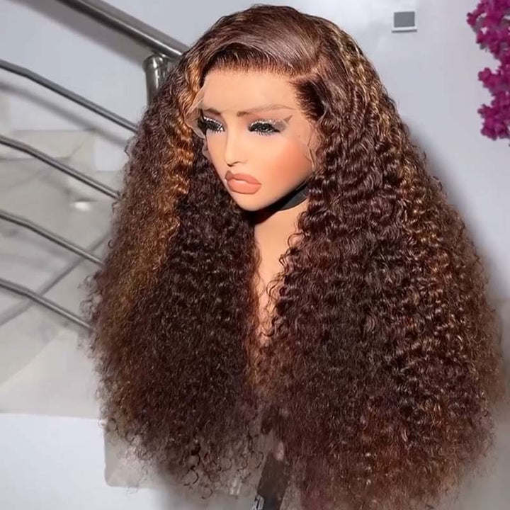 eullair Brown with Honey Blonde Kinky Curly Hair Lace Frontal Wig Human Hair Glueless Lace Wigs For Women