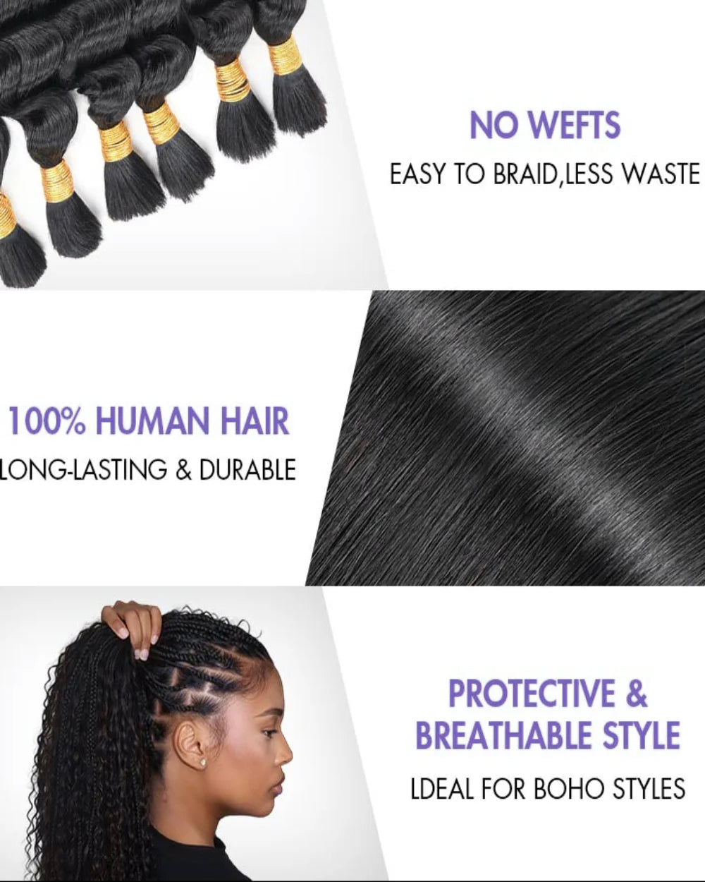 eullair Body Wave Natural Black Hair Bulk for Knotless Braids & Boho Styles | 65g Pack