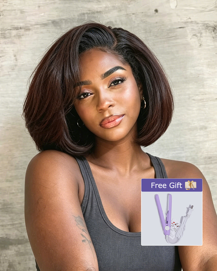 eullair Chocolate Brown Glueless Layer Bob Wig With Drawstring Wigs 13x4 Frontal Lace Human Hair Wigs