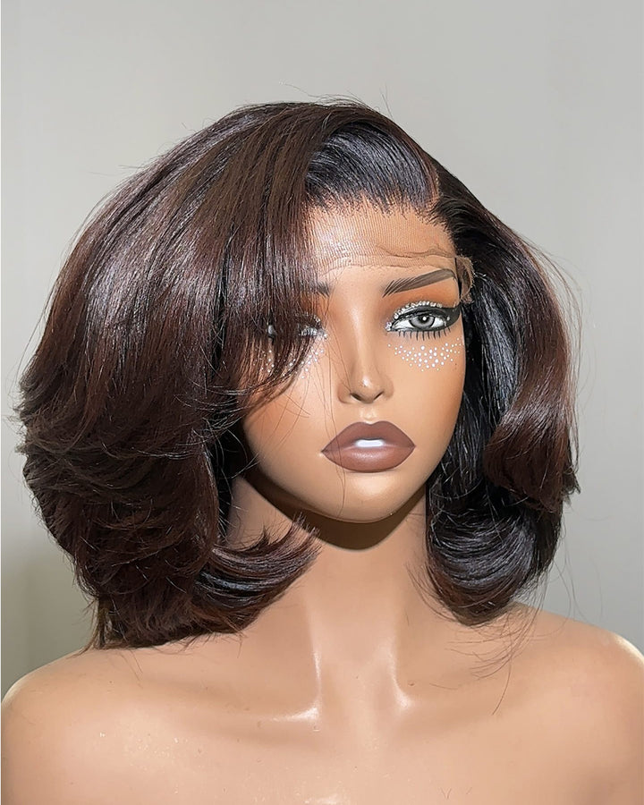 eullair Chocolate Brown Glueless Layer Bob Wig With Drawstring Wigs 13x4 Frontal Lace Human Hair Wigs