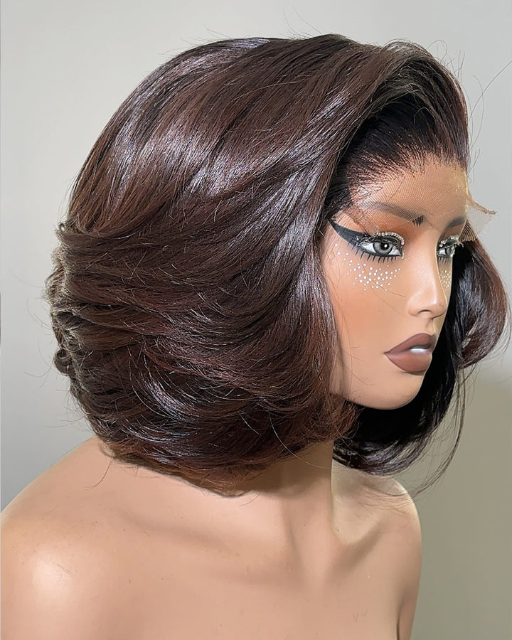 eullair Chocolate Brown Glueless Layer Bob Wig With Drawstring Wigs 13x4 Frontal Lace Human Hair Wigs