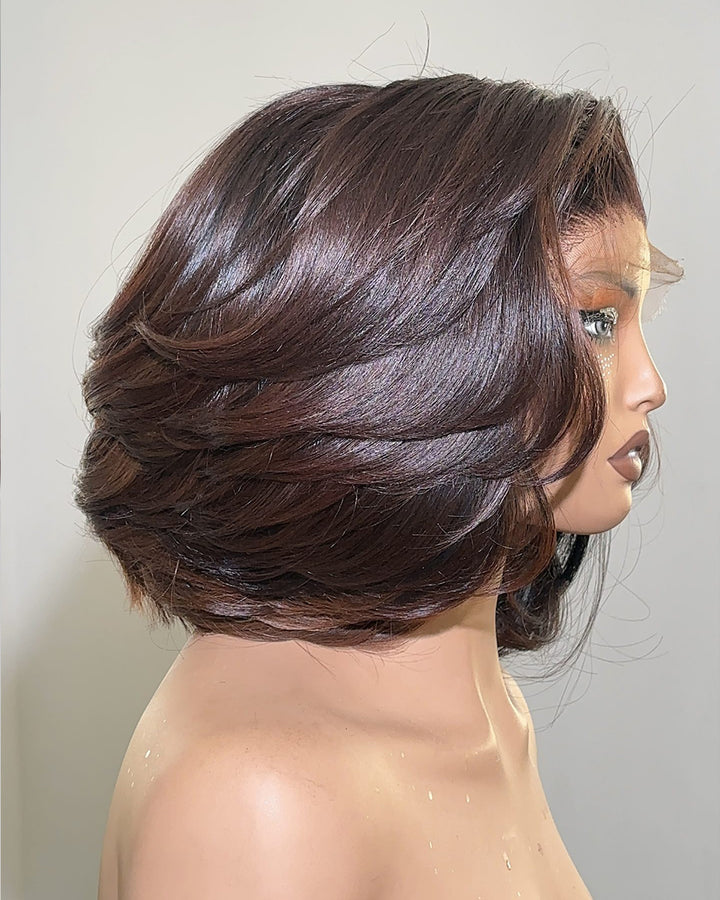 eullair Chocolate Brown Glueless Layer Bob Wig With Drawstring Wigs 13x4 Frontal Lace Human Hair Wigs