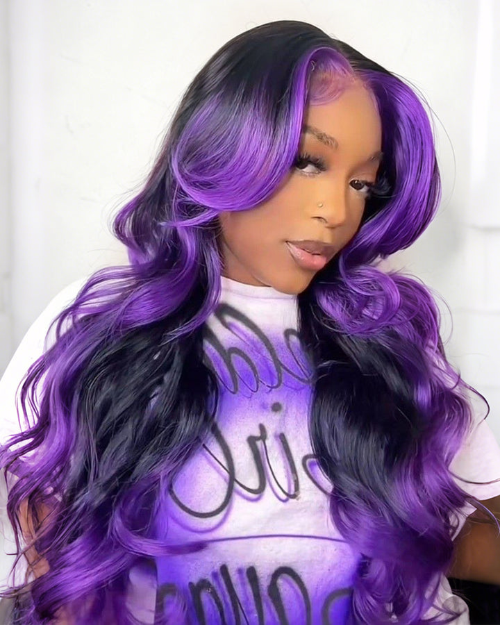 eullair Colored Skunk Stripe Ombre Highlight Body Wave 13x4 Lace Frontal Human Hair Wigs 180% Density