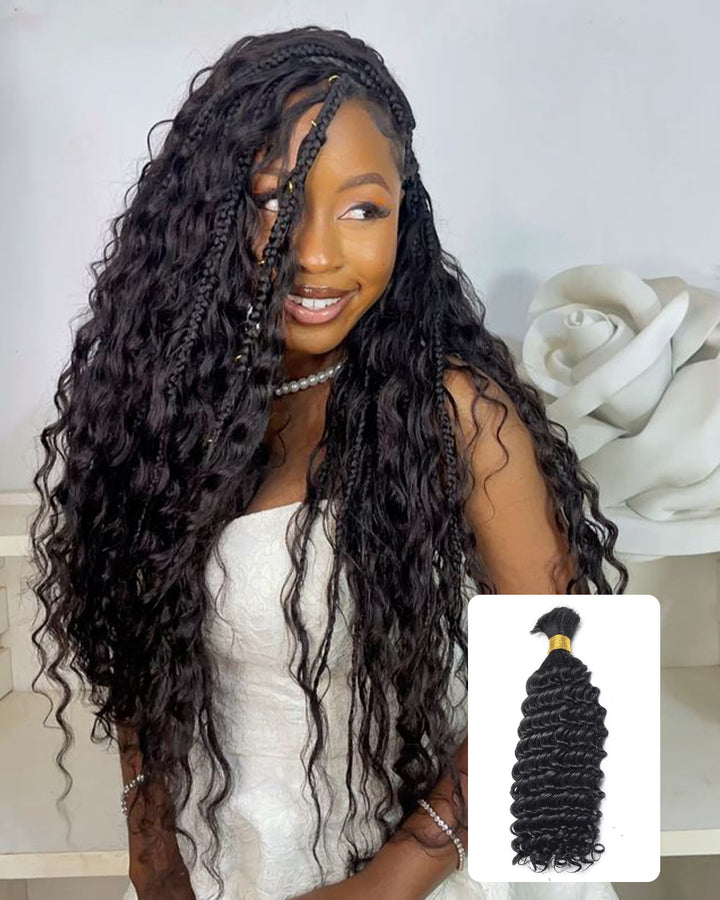 eullair Deep Wave Curly Braiding Hair Bulk | 100% Remy Human Hair Extensions (65g)