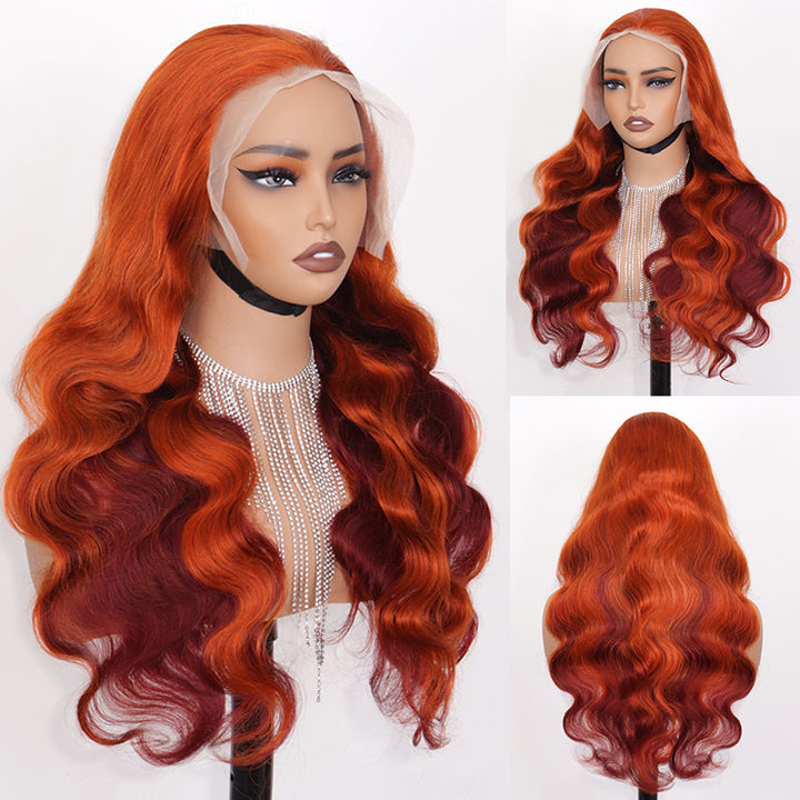 eullair Fabulous Ombre Ginger Cooper Brown Body Wave Human Hair Glueless Wig Two Tones Lace Frontal Wig ( EW006 )