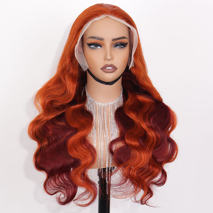 eullair Fabulous Ombre Ginger Cooper Brown Body Wave Human Hair Glueless Wig Two Tones Lace Frontal Wig ( EW006 )