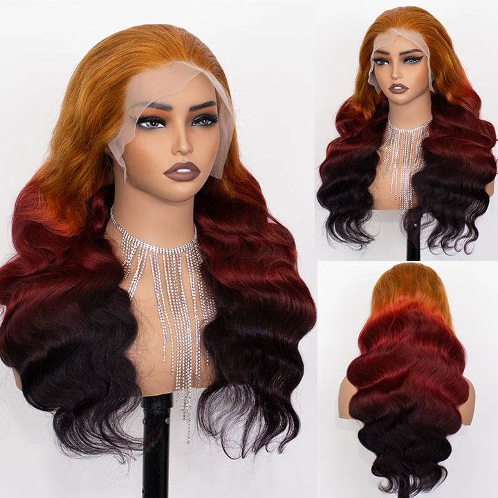 eullair Flawless Gorgeous Ombre Coral Orange Cooper Brown Body Wave Human Hair Wig Sunset Cooper Brown Lace Frontal Wig